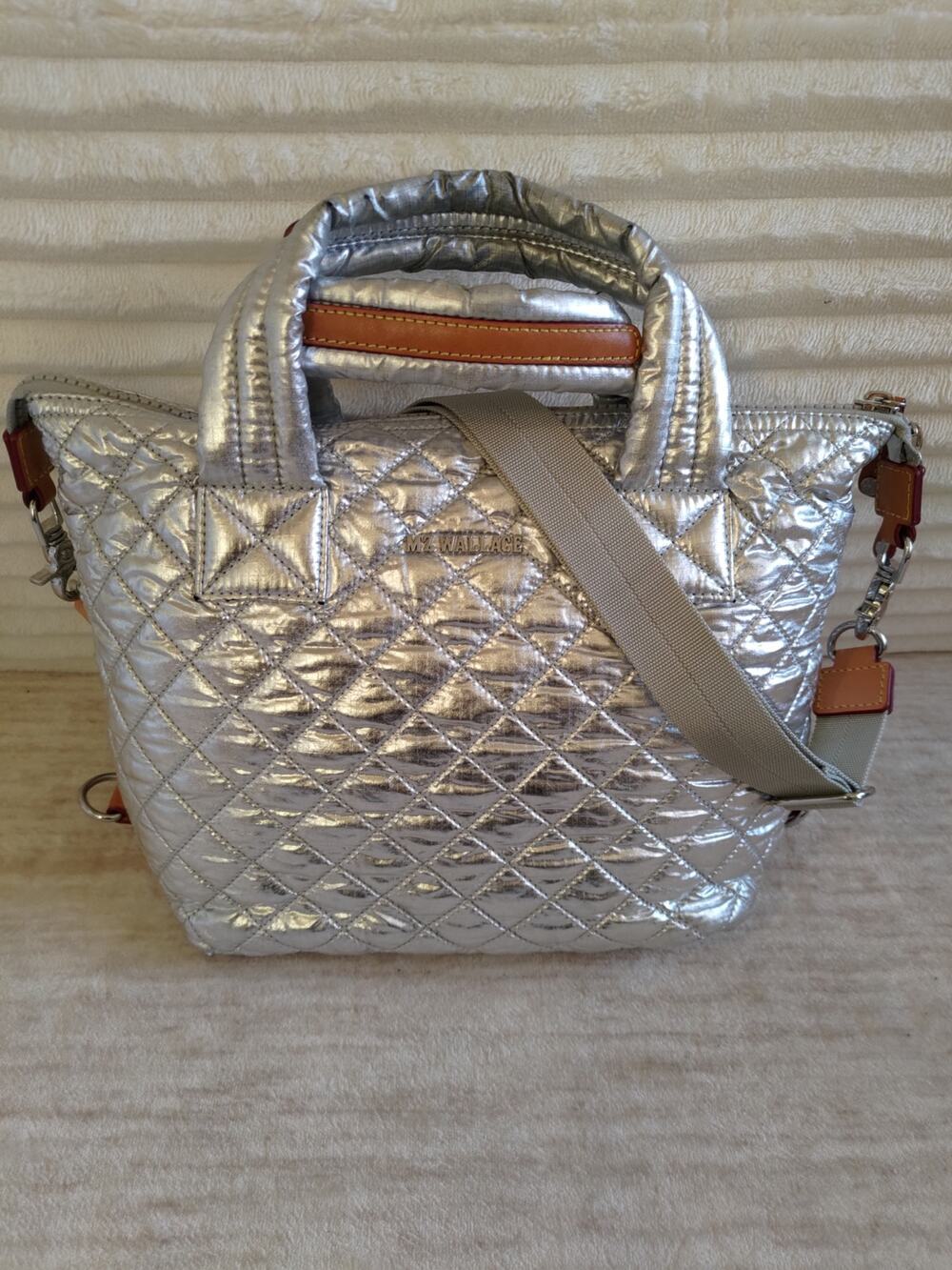 MZ Wallace Metallic Silver Quilted Nylon Mini Metro Tote Secondhand